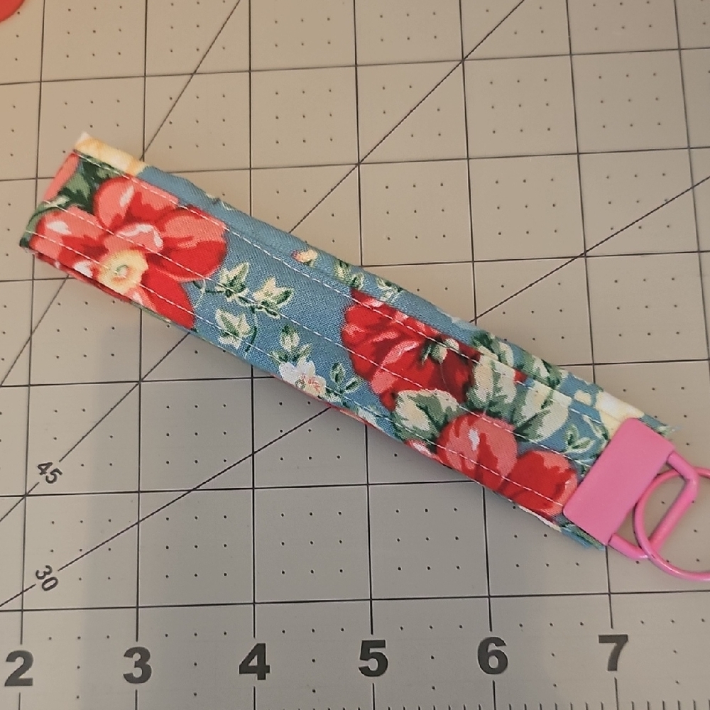 Floral Fabric Wristlet Key Fob - Blue with Red Flowers